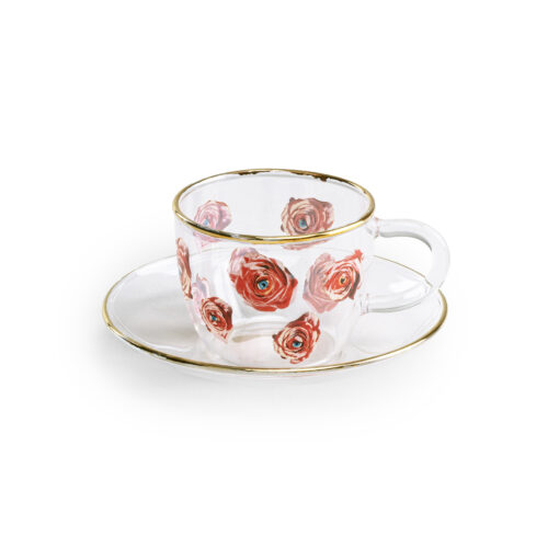 Seletti TOILETPAPER ROSES set tazzina caffè in vetro con piattino - trasparente con decori
