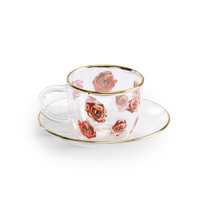 Seletti TOILETPAPER ROSES set tazzina caffè in vetro con piattino - trasparente con decori