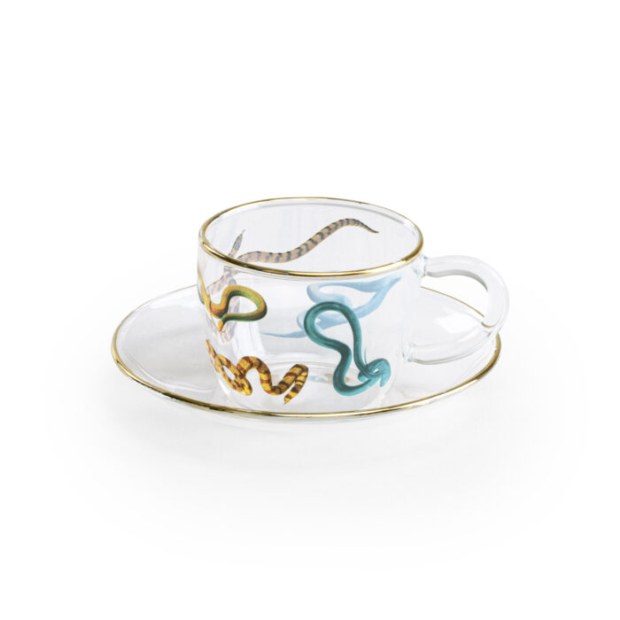 Seletti TOILETPAPER SNAKES set tazzina caffè in vetro con piattino - trasparente con decori